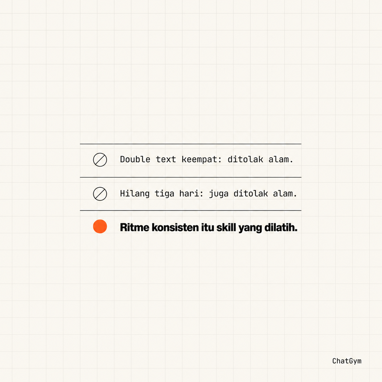 Konsep iklan ChatGym 14: Ritme pas: tidak spam, tidak lenyap