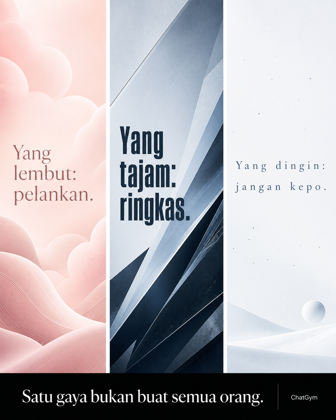 Konsep iklan ChatGym 19: Baca karakternya, sesuaikan nadamu